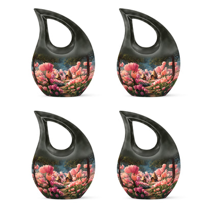 Onyx Black Garden Tulip Cremation Urn lifestyle display on memorial shelf - devotional cross-drop garden tulip engraving - 10 inch aluminum urn for cremated remains