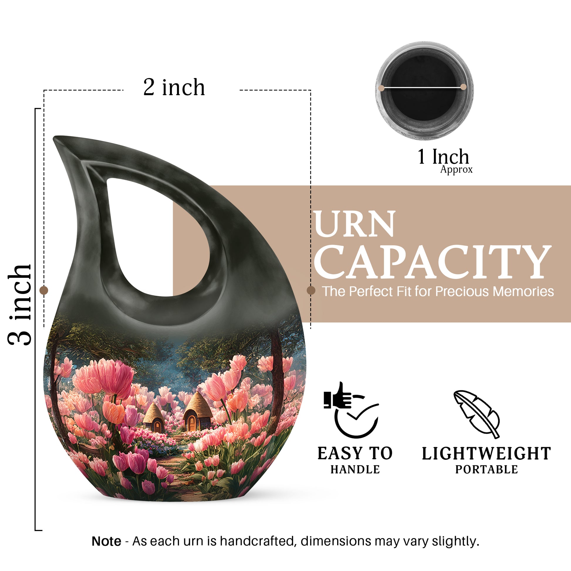 Onyx Black Garden Tulip Cremation Urn back view with polished surface - faith-inspired cross-drop urn with garden tulip pattern - mini keepsake memorial for portion of cremation ashes