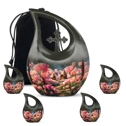 Charcoal Black Garden Tulip Cremation Urn urn with complimentary velvet bag - faith-inspired cross-drop urn with garden tulip pattern - memorial set with one large and four small urns