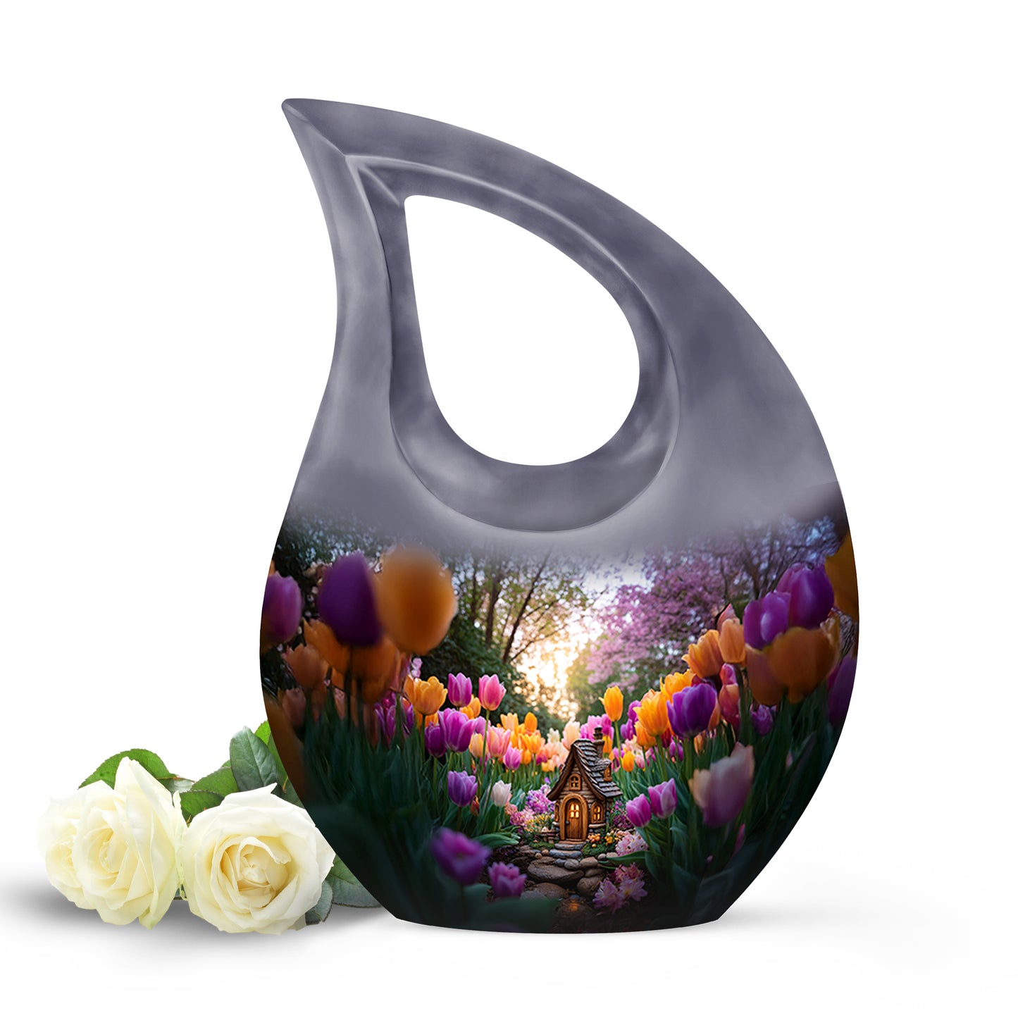 Radiant Garden Tulip Memorial Cremation Urns - Gray 10-inch, 200 cu in - Yatskia