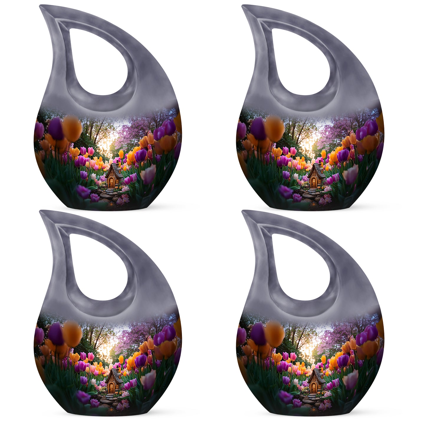 Storm Gray Garden Tulip Cremation Urn lifestyle display on memorial shelf - devotional cross-drop garden tulip engraving - 10 inch aluminum urn for cremated remains