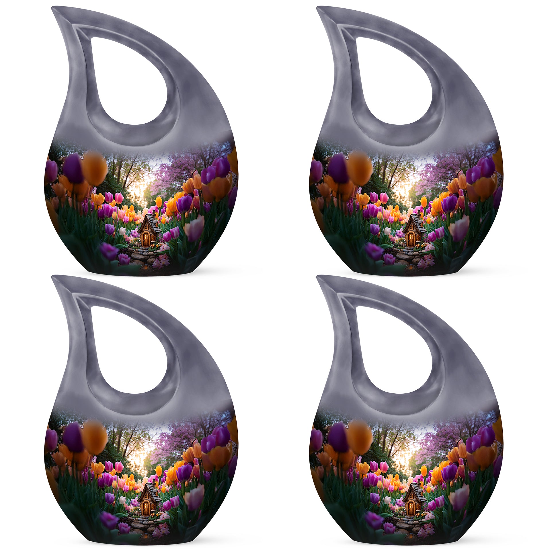Storm Gray Garden Tulip Cremation Urn lifestyle display on memorial shelf - devotional cross-drop garden tulip engraving - 10 inch aluminum urn for cremated remains