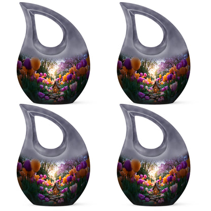 Storm Gray Garden Tulip Cremation Urn lifestyle display on memorial shelf - devotional cross-drop garden tulip engraving - 10 inch aluminum urn for cremated remains