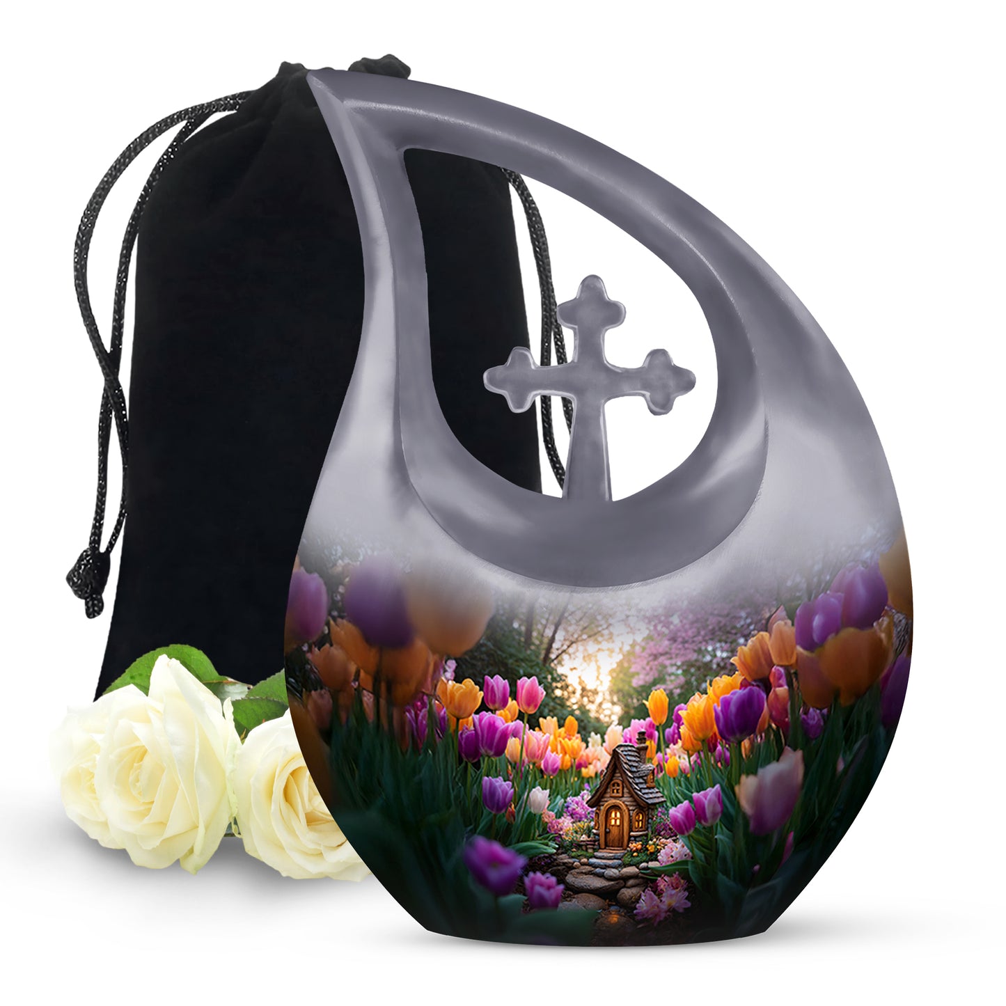 Ash Gray Garden Tulip Cremation Urn top-down view of secure threaded lid - faith-inspired cross-drop urn with garden tulip pattern - full-size 10 inch 200 cubic inch adult cremation urn