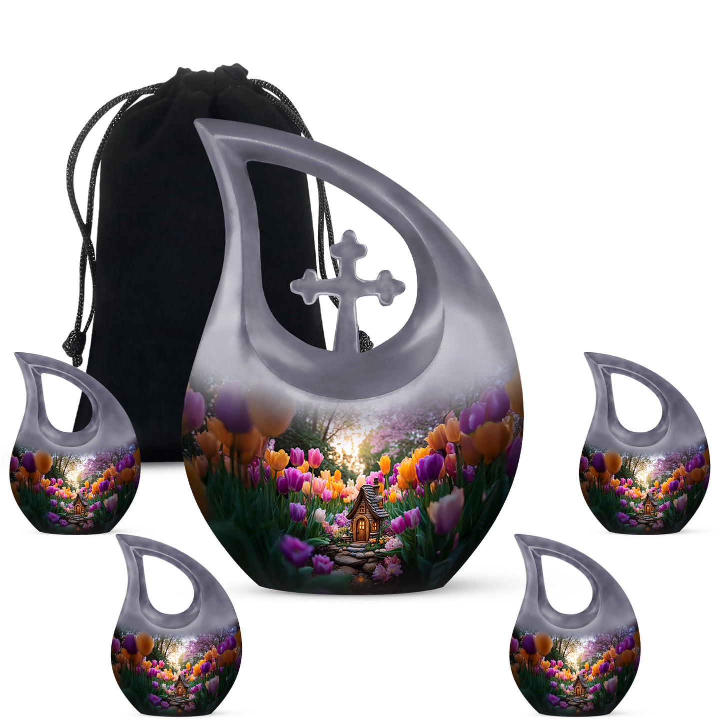 Storm Gray Garden Tulip Cremation Urn urn with complimentary velvet bag - devotional cross-drop garden tulip engraving - memorial set with one large and four small urns