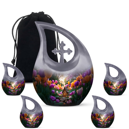 Storm Gray Garden Tulip Cremation Urn urn with complimentary velvet bag - devotional cross-drop garden tulip engraving - memorial set with one large and four small urns