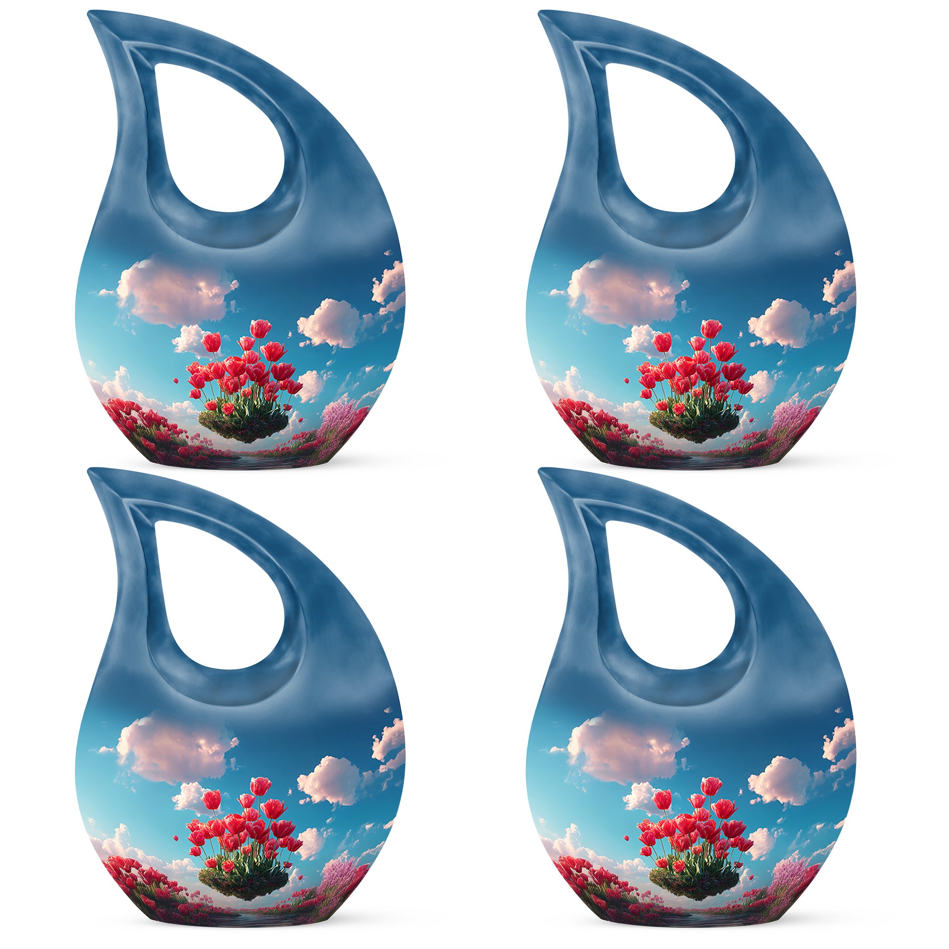 Vivid Blue Garden Tulip Cremation Urn lifestyle display on memorial shelf - faith-inspired cross-drop urn with garden tulip pattern - 10 inch aluminum urn for cremated remains