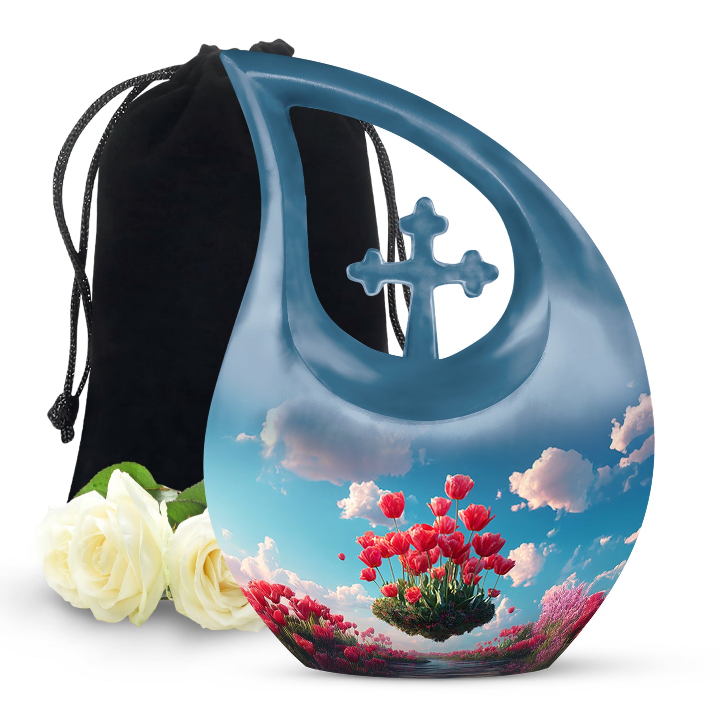 Bright Blue Garden Tulip Cremation Urn top-down view of secure threaded lid - faith-inspired cross-drop urn with garden tulip pattern - full-size 10 inch 200 cubic inch adult cremation urn