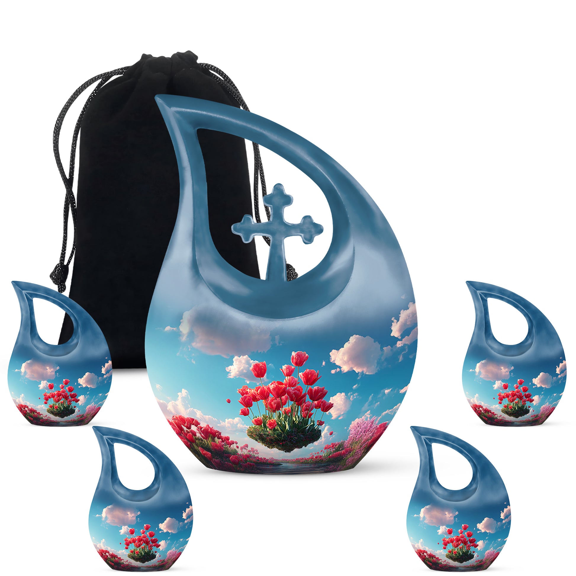Azure Garden Tulip Cremation Urn urn with complimentary velvet bag - sacred cross merged with garden tulip motif on metal - memorial set with one large and four small urns