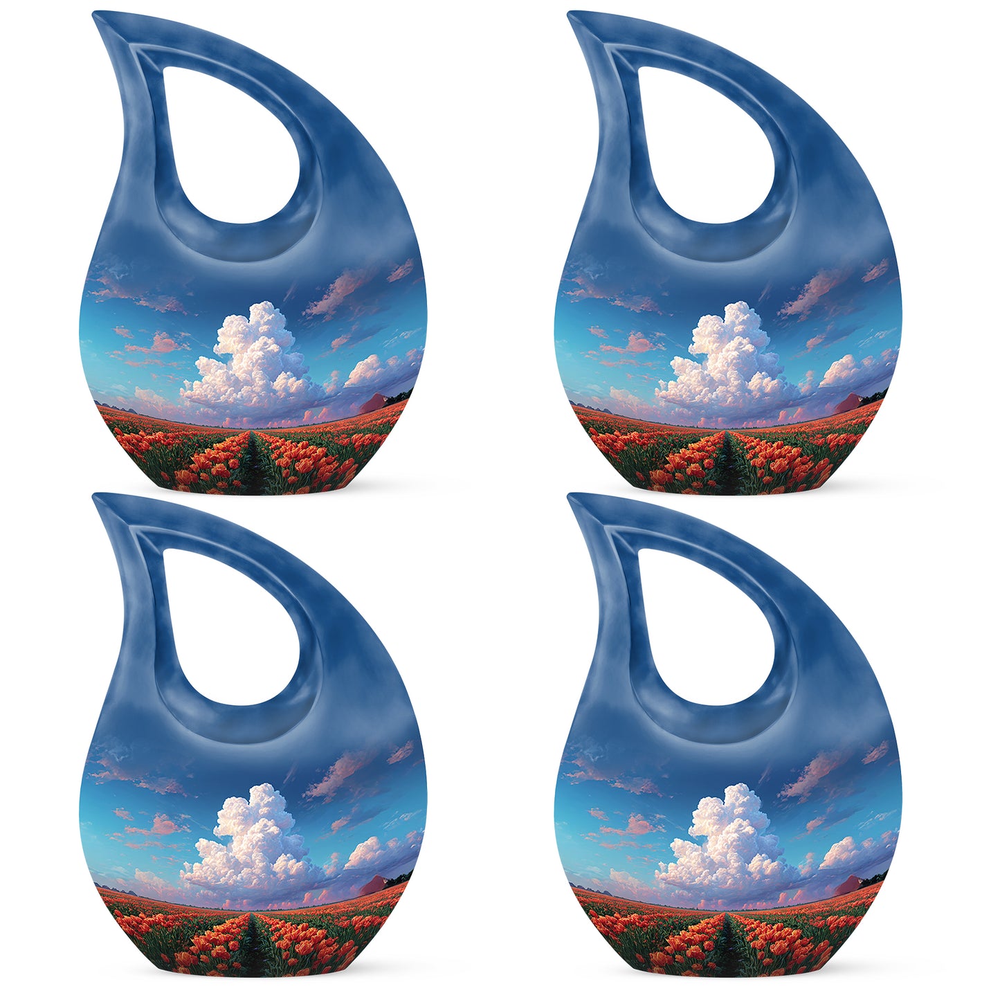 Dusty Blue Garden Tulip Cremation Urn lifestyle display on memorial shelf - sacred cross merged with garden tulip motif on metal - 10 inch aluminum urn for cremated remains