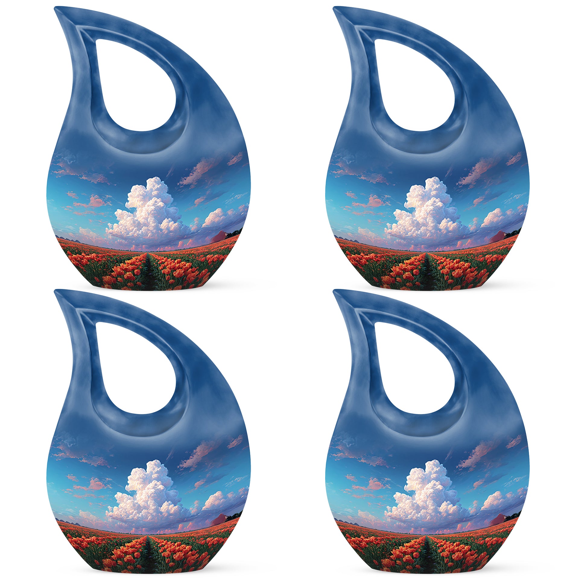 Dusty Blue Garden Tulip Cremation Urn lifestyle display on memorial shelf - sacred cross merged with garden tulip motif on metal - 10 inch aluminum urn for cremated remains