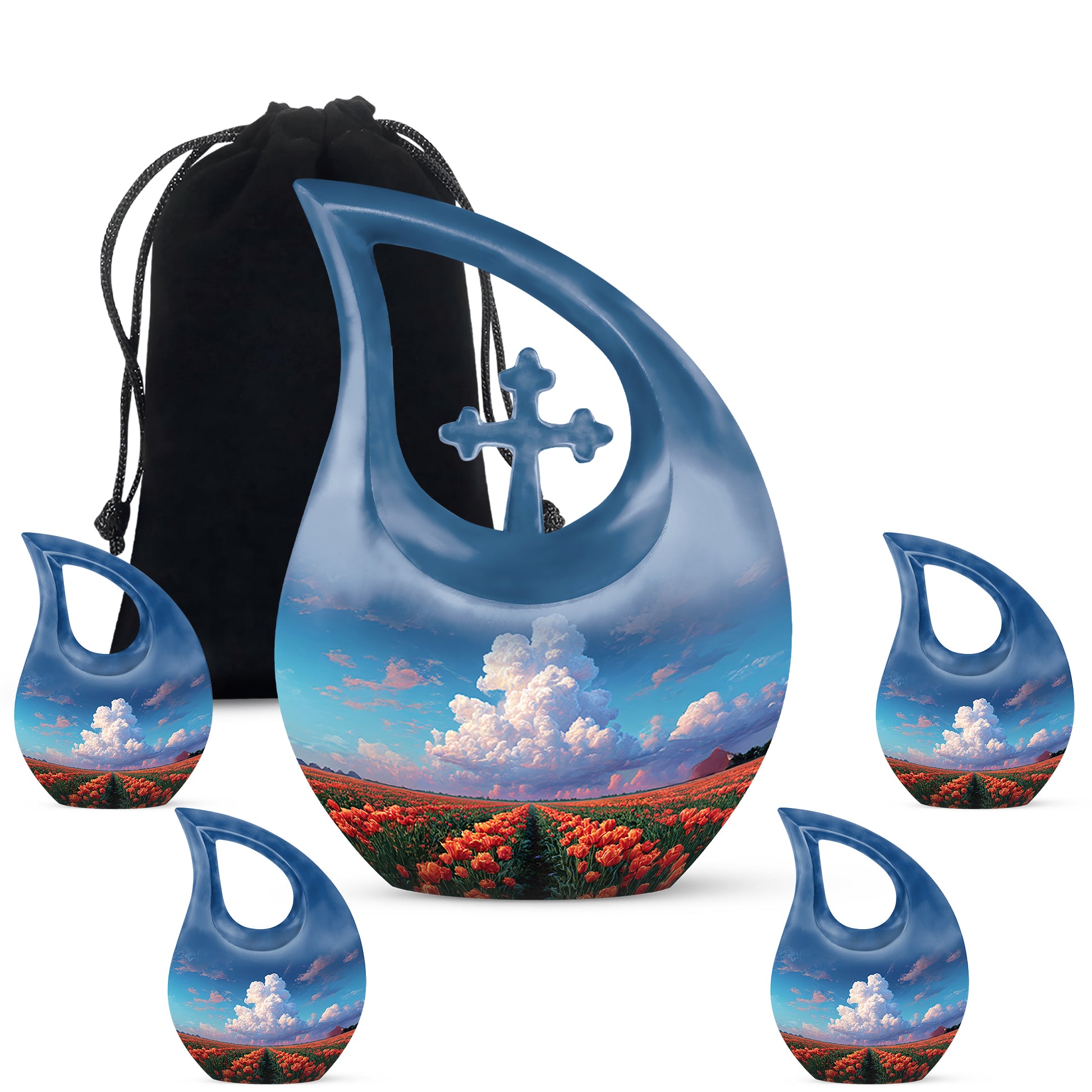 Dusty Blue Garden Tulip Cremation Urn urn with complimentary velvet bag - sacred cross merged with garden tulip motif on metal - memorial set with one large and four small urns