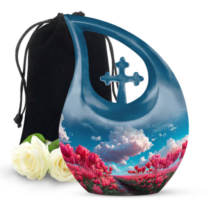 Cornflower Blue Garden Tulip Cremation Urn top-down view of secure threaded lid - devotional cross-drop garden tulip engraving - full-size 10 inch 200 cubic inch adult cremation urn