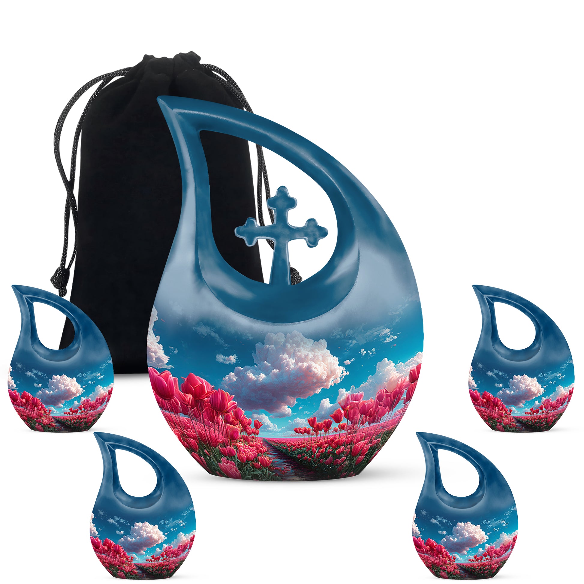Royal Blue Garden Tulip Cremation Urn urn with complimentary velvet bag - faith-inspired cross-drop urn with garden tulip pattern - memorial set with one large and four small urns