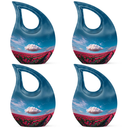 Powder Blue Garden Tulip Cremation Urn lifestyle display on memorial shelf - sacred cross merged with garden tulip motif on metal - 10 inch aluminum urn for cremated remains