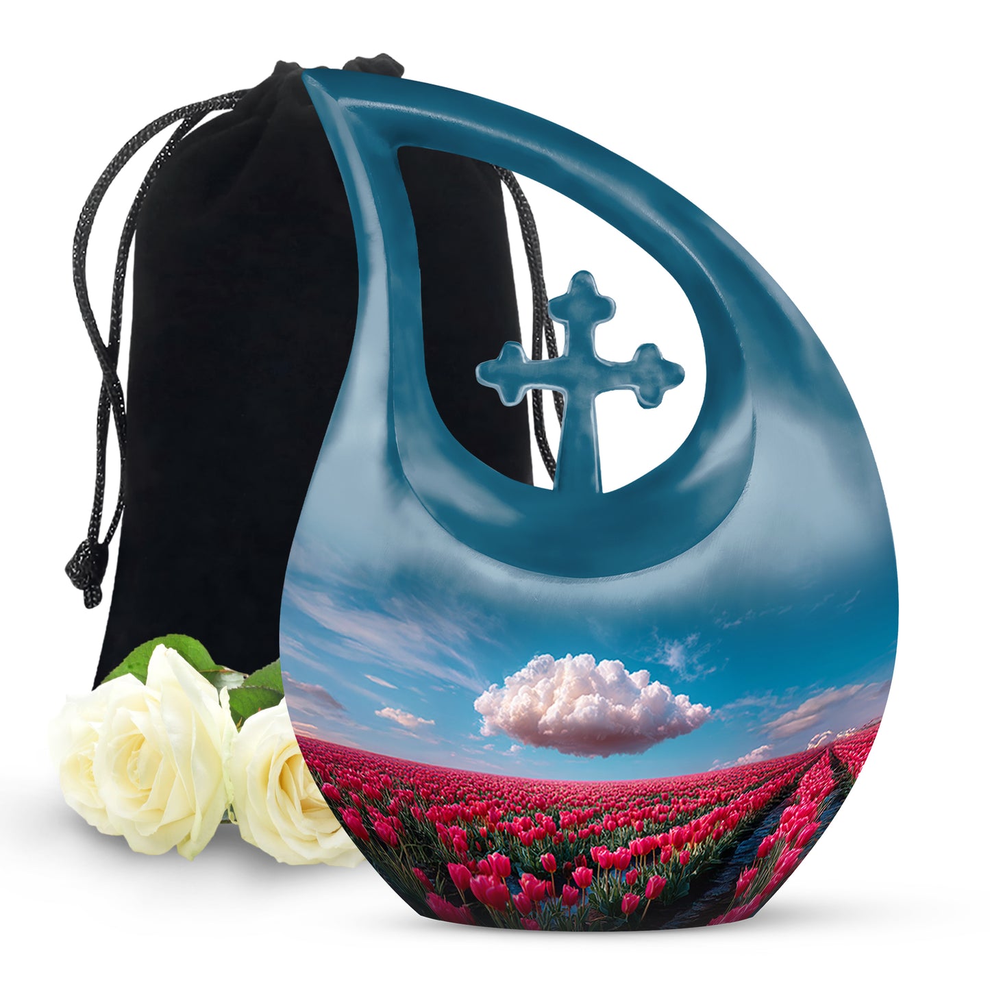 Twilight Blue Garden Tulip Cremation Urn top-down view of secure threaded lid - devotional cross-drop garden tulip engraving - full-size 10 inch 200 cubic inch adult cremation urn