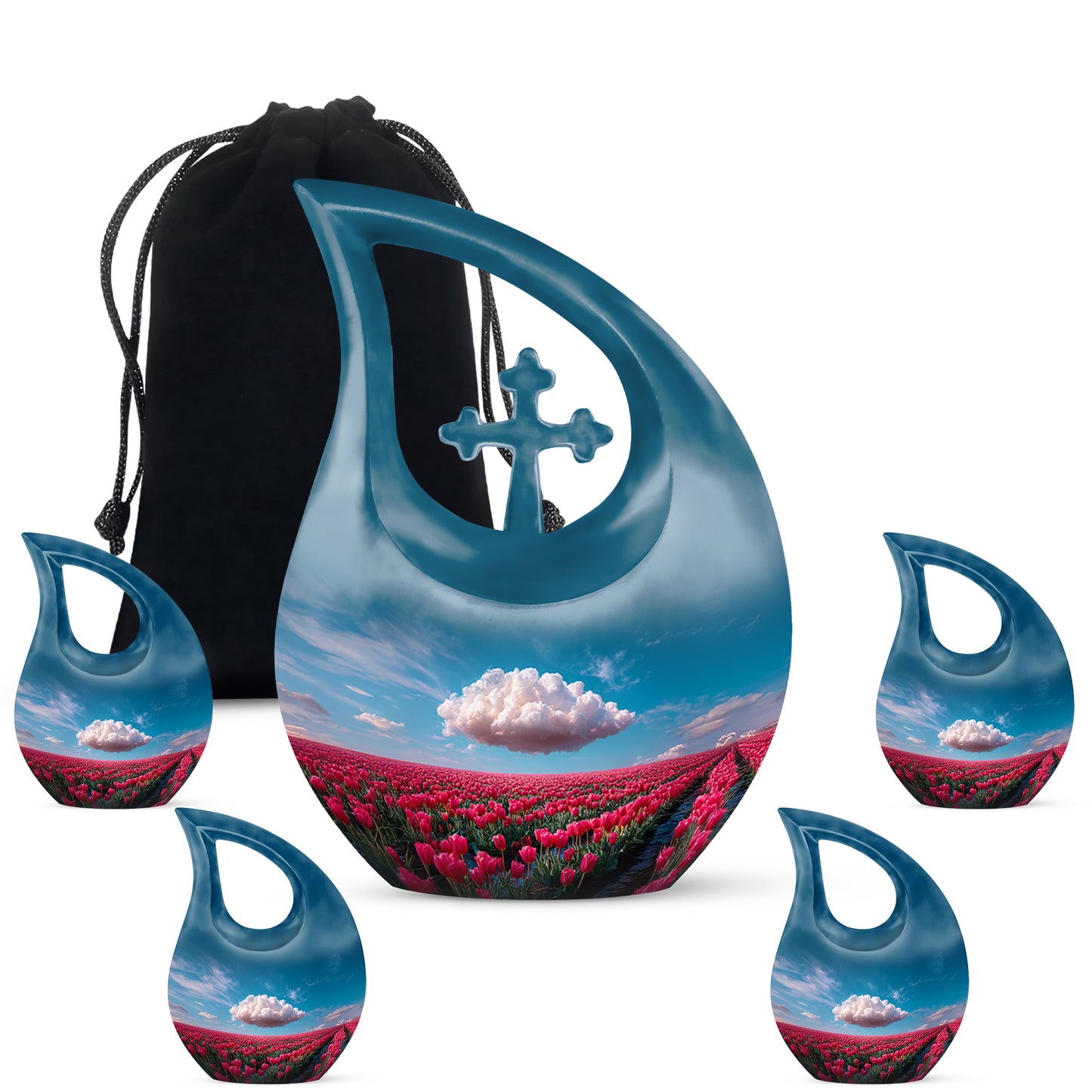 Slate Blue Garden Tulip Cremation Urn urn with complimentary velvet bag - sacred cross merged with garden tulip motif on metal - memorial set with one large and four small urns