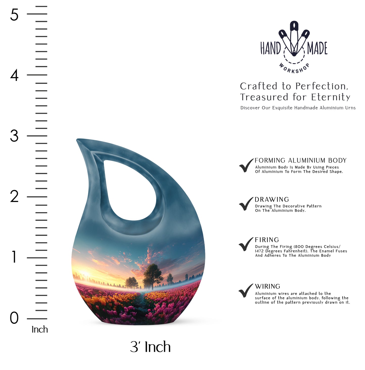 Cornflower Blue Garden Tulip Cremation Urn back view with polished surface - devotional cross-drop garden tulip engraving - mini keepsake memorial for portion of cremation ashes
