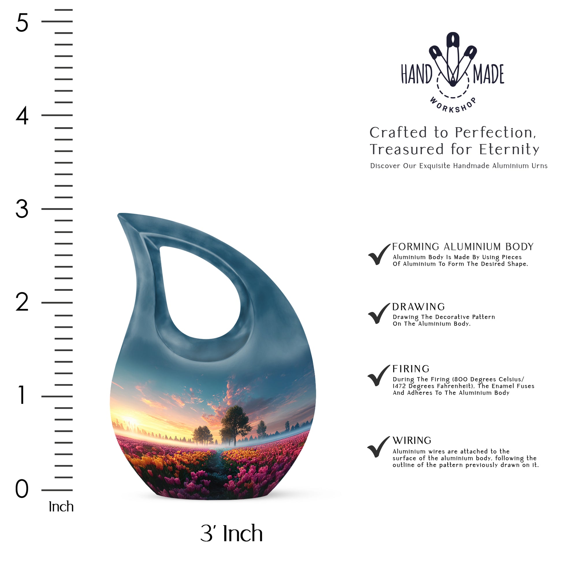 Cornflower Blue Garden Tulip Cremation Urn back view with polished surface - devotional cross-drop garden tulip engraving - mini keepsake memorial for portion of cremation ashes