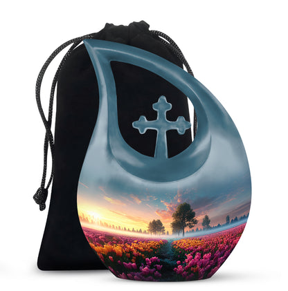 Powder Blue Garden Tulip Cremation Urn top-down view of secure threaded lid - cross and garden tulip combined in spiritual memorial design - full-size 10 inch 200 cubic inch adult cremation urn