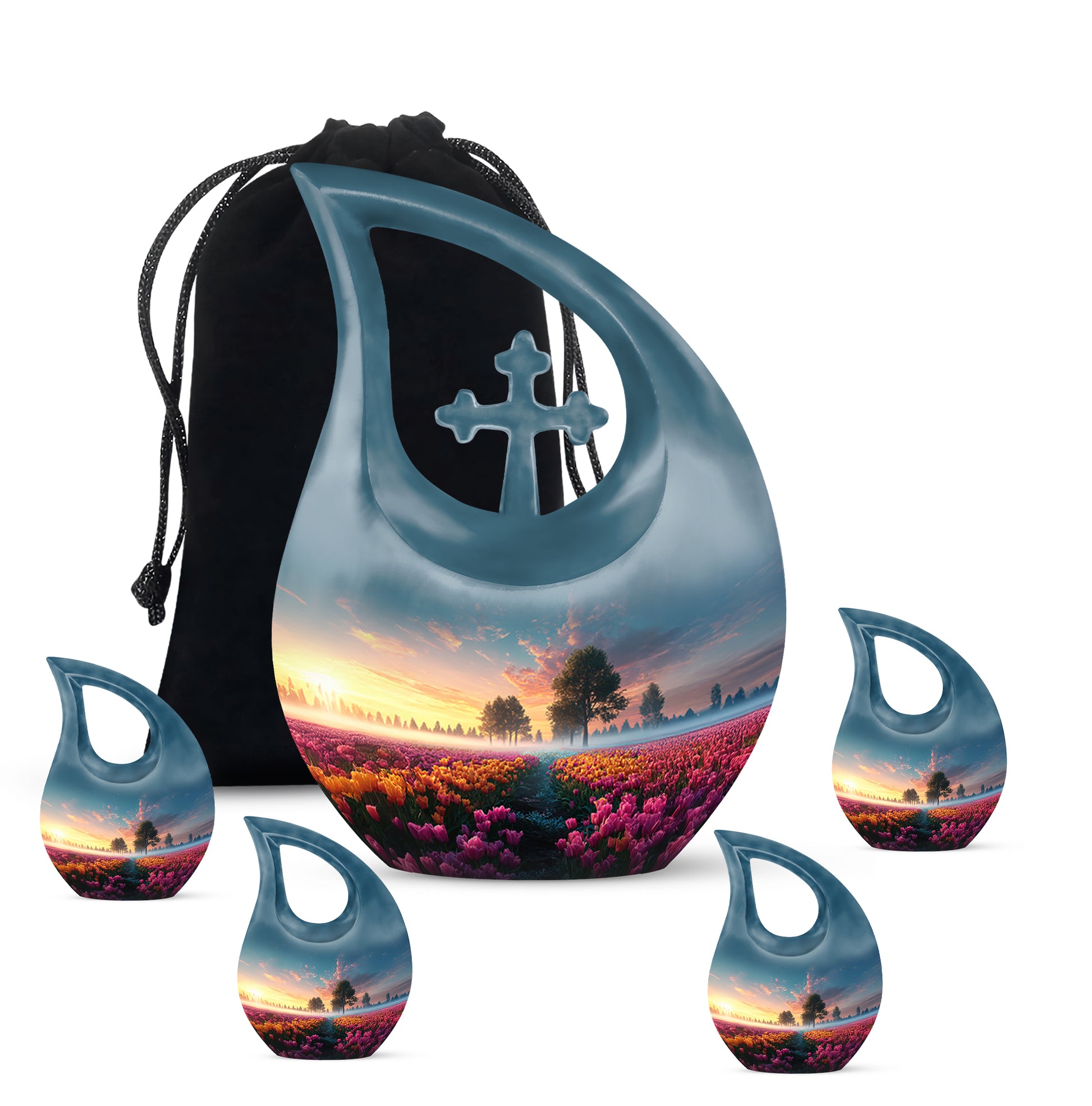Sapphire Blue Garden Tulip Cremation Urn urn with complimentary velvet bag - faith-inspired cross-drop urn with garden tulip pattern - memorial set with one large and four small urns