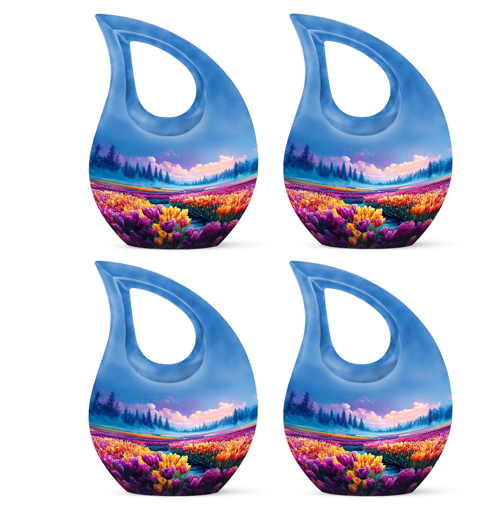 Cornflower Blue Garden Tulip Cremation Urn lifestyle display on memorial shelf - faith-inspired cross-drop urn with garden tulip pattern - 10 inch aluminum urn for cremated remains