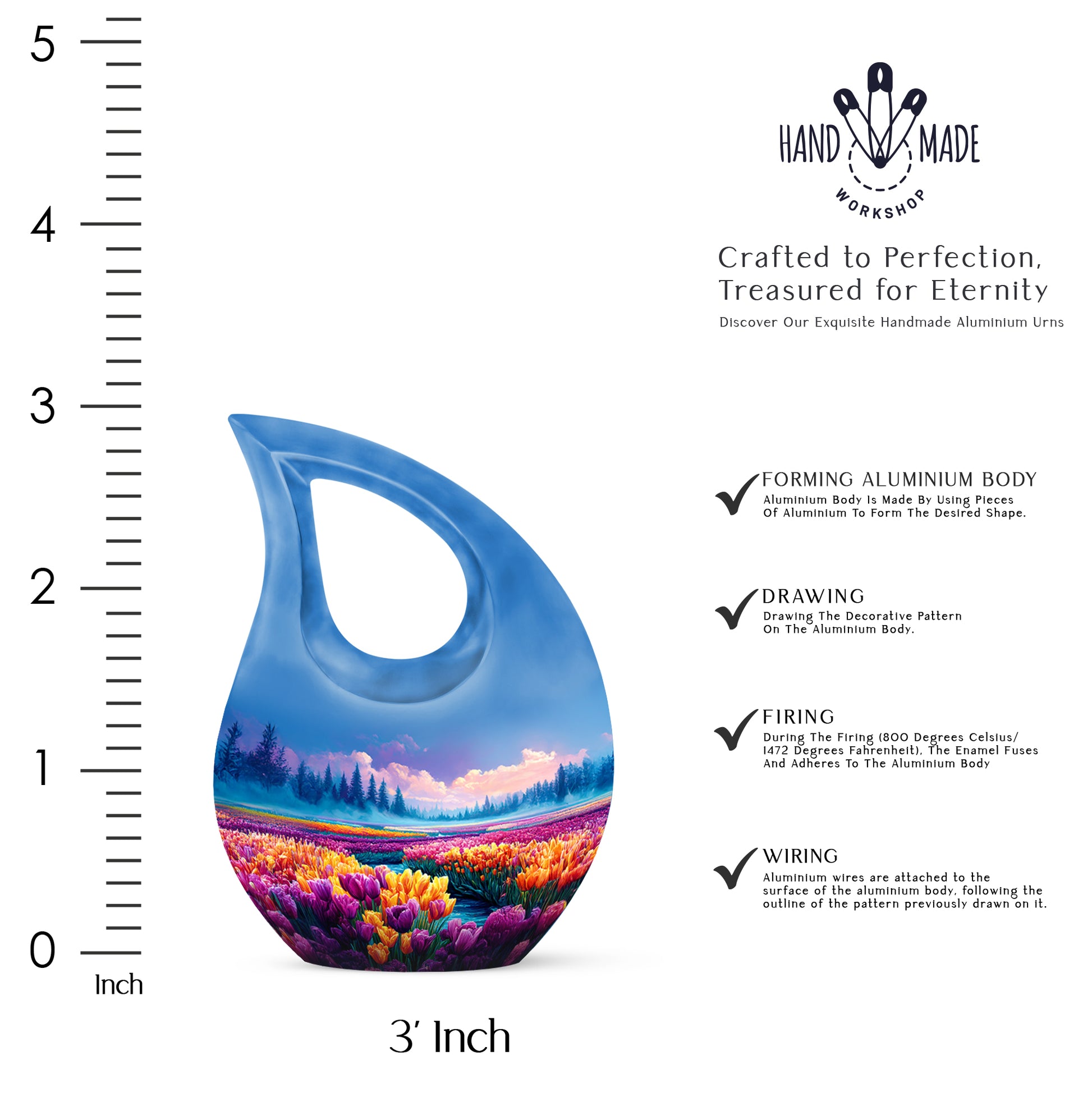 Icy Blue Garden Tulip Cremation Urn back view with polished surface - cross and garden tulip combined in spiritual memorial design - mini keepsake memorial for portion of cremation ashes