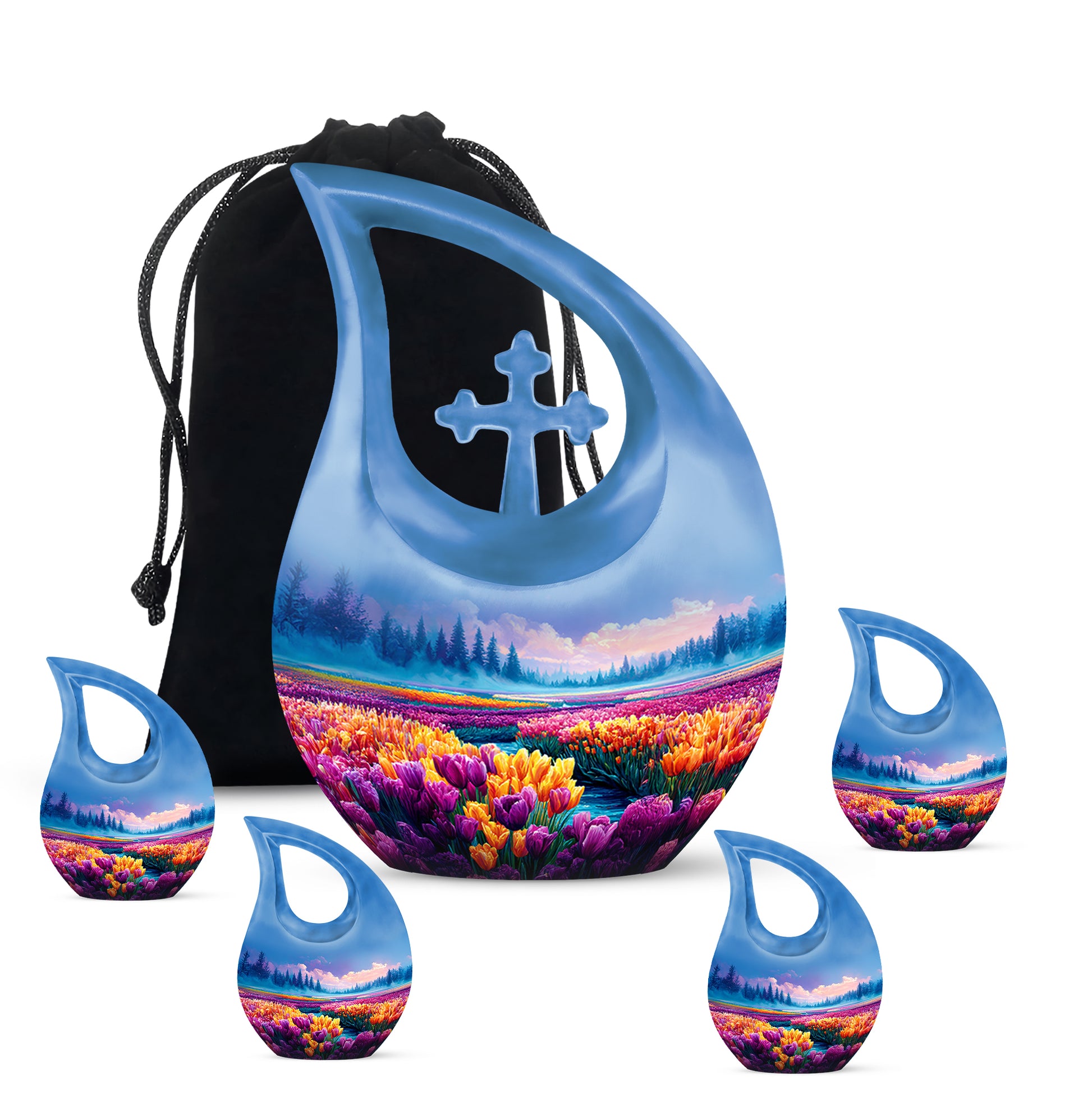 Dusty Blue Garden Tulip Cremation Urn urn with complimentary velvet bag - cross and garden tulip combined in spiritual memorial design - memorial set with one large and four small urns