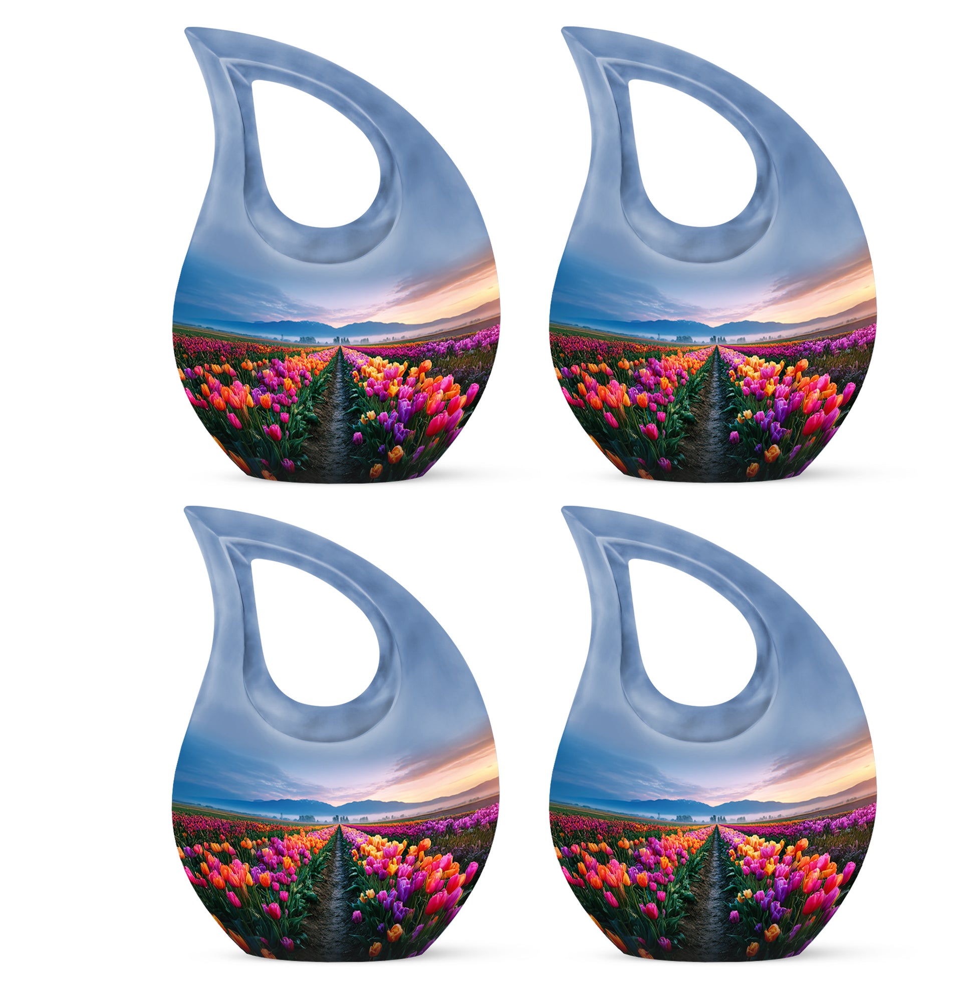 Sapphire Blue Garden Tulip Cremation Urn lifestyle display on memorial shelf - devotional cross-drop garden tulip engraving - 10 inch aluminum urn for cremated remains
