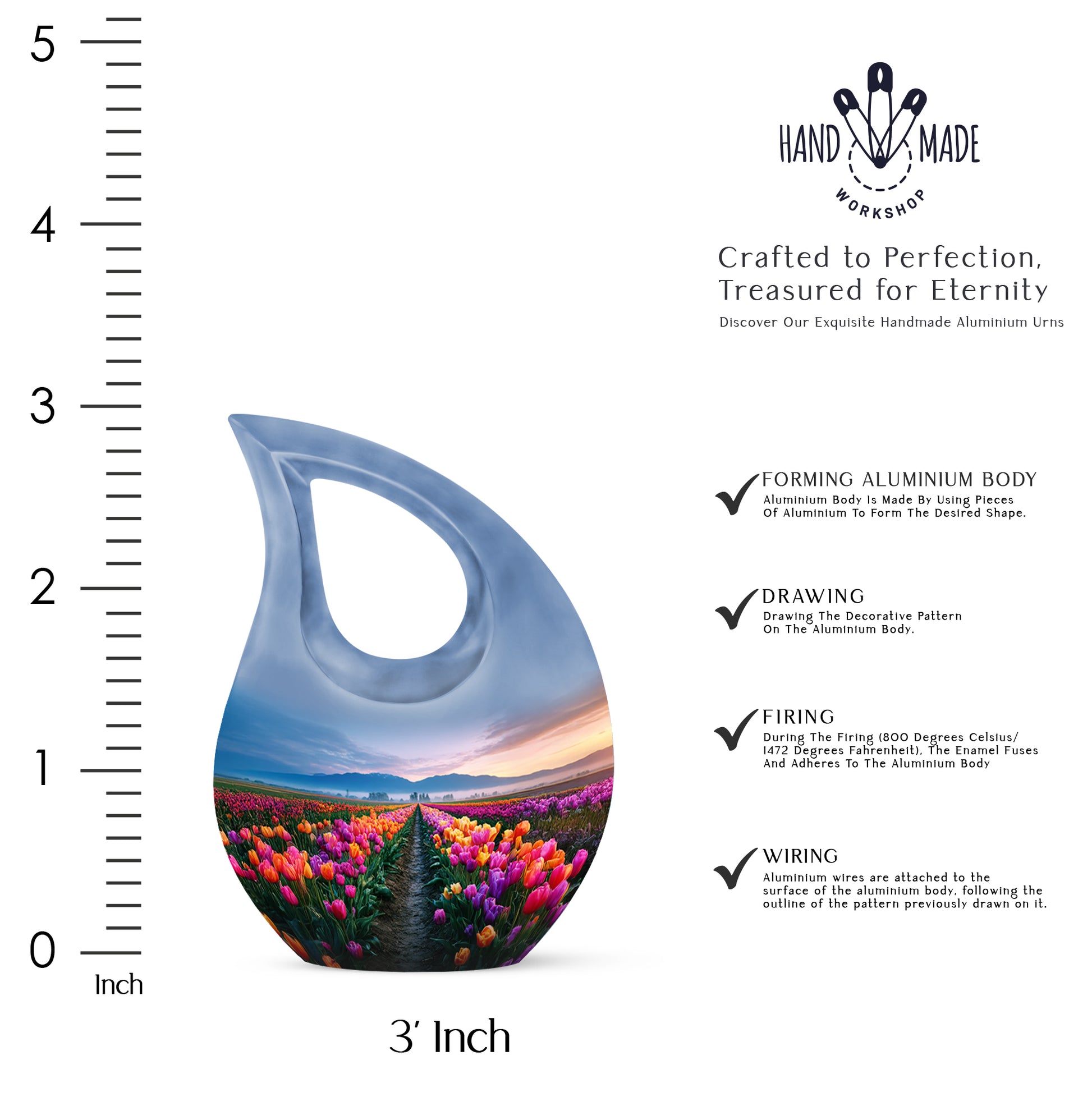 Twilight Blue Garden Tulip Cremation Urn back view with polished surface - faith-inspired cross-drop urn with garden tulip pattern - mini keepsake memorial for portion of cremation ashes