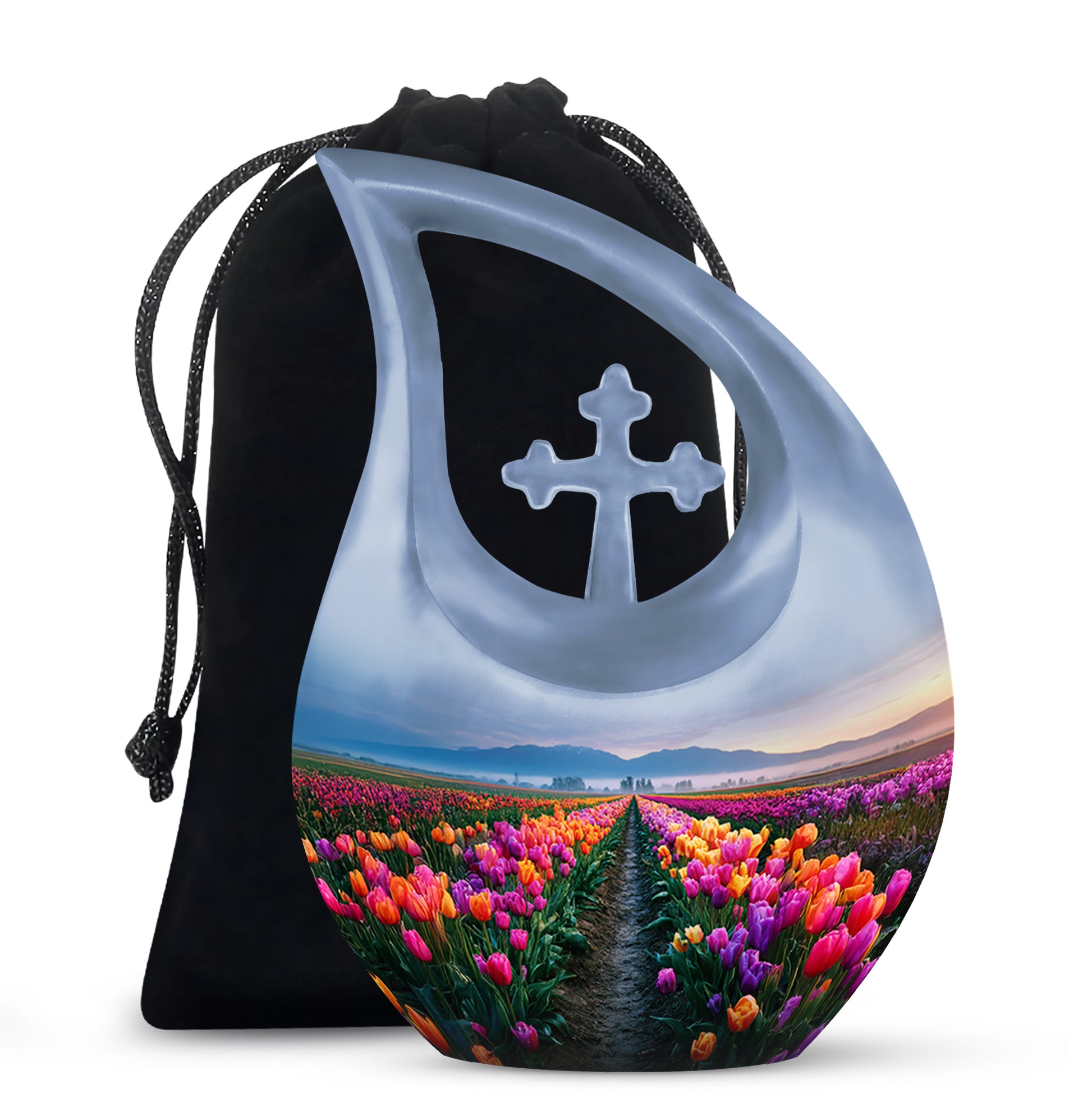 Soft Blue Garden Tulip Cremation Urn top-down view of secure threaded lid - faith-inspired cross-drop urn with garden tulip pattern - full-size 10 inch 200 cubic inch adult cremation urn