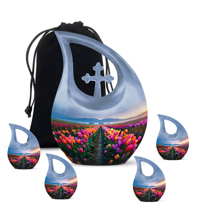 Celestial Blue Garden Tulip Cremation Urn urn with complimentary velvet bag - sacred cross merged with garden tulip motif on metal - memorial set with one large and four small urns