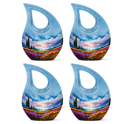 Dusty Blue Garden Tulip Cremation Urn lifestyle display on memorial shelf - sacred cross merged with garden tulip motif on metal - 10 inch aluminum urn for cremated remains