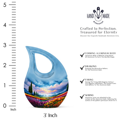 Pastel Blue Garden Tulip Cremation Urn back view with polished surface - sacred cross merged with garden tulip motif on metal - mini keepsake memorial for portion of cremation ashes