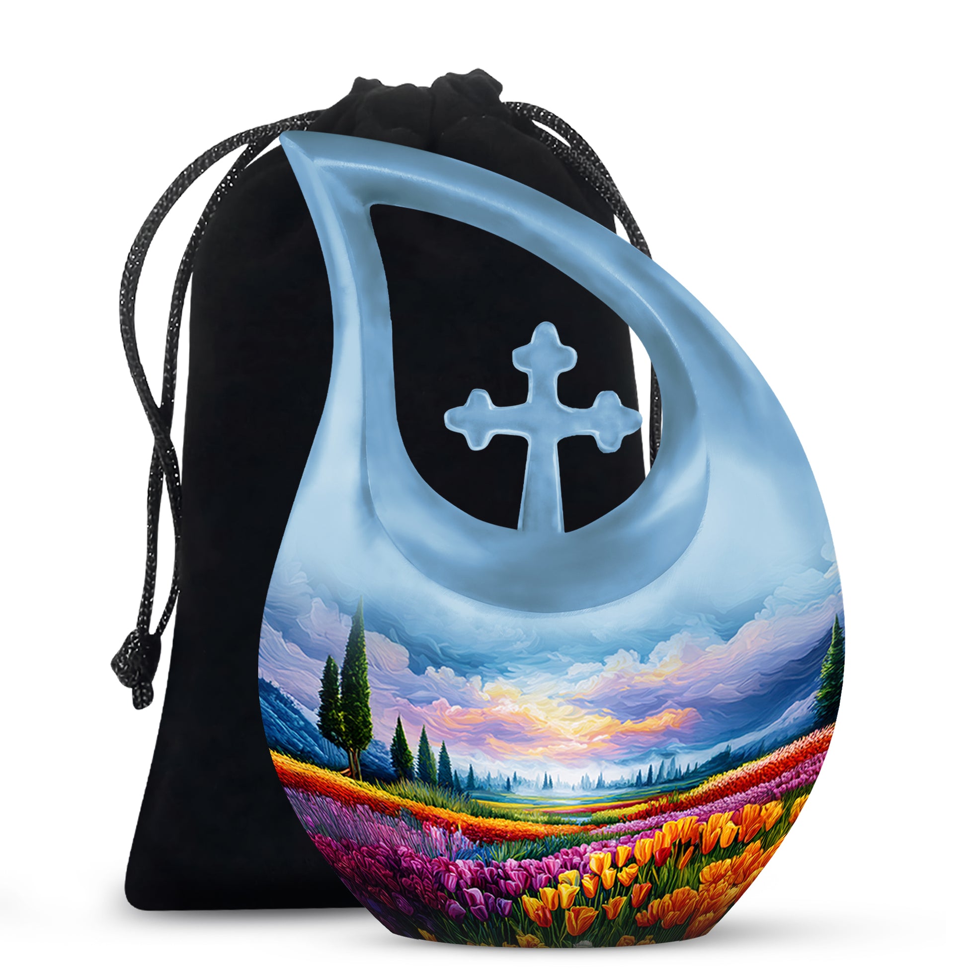 Calming Blue Garden Tulip Cremation Urn top-down view of secure threaded lid - faith-inspired cross-drop urn with garden tulip pattern - full-size 10 inch 200 cubic inch adult cremation urn