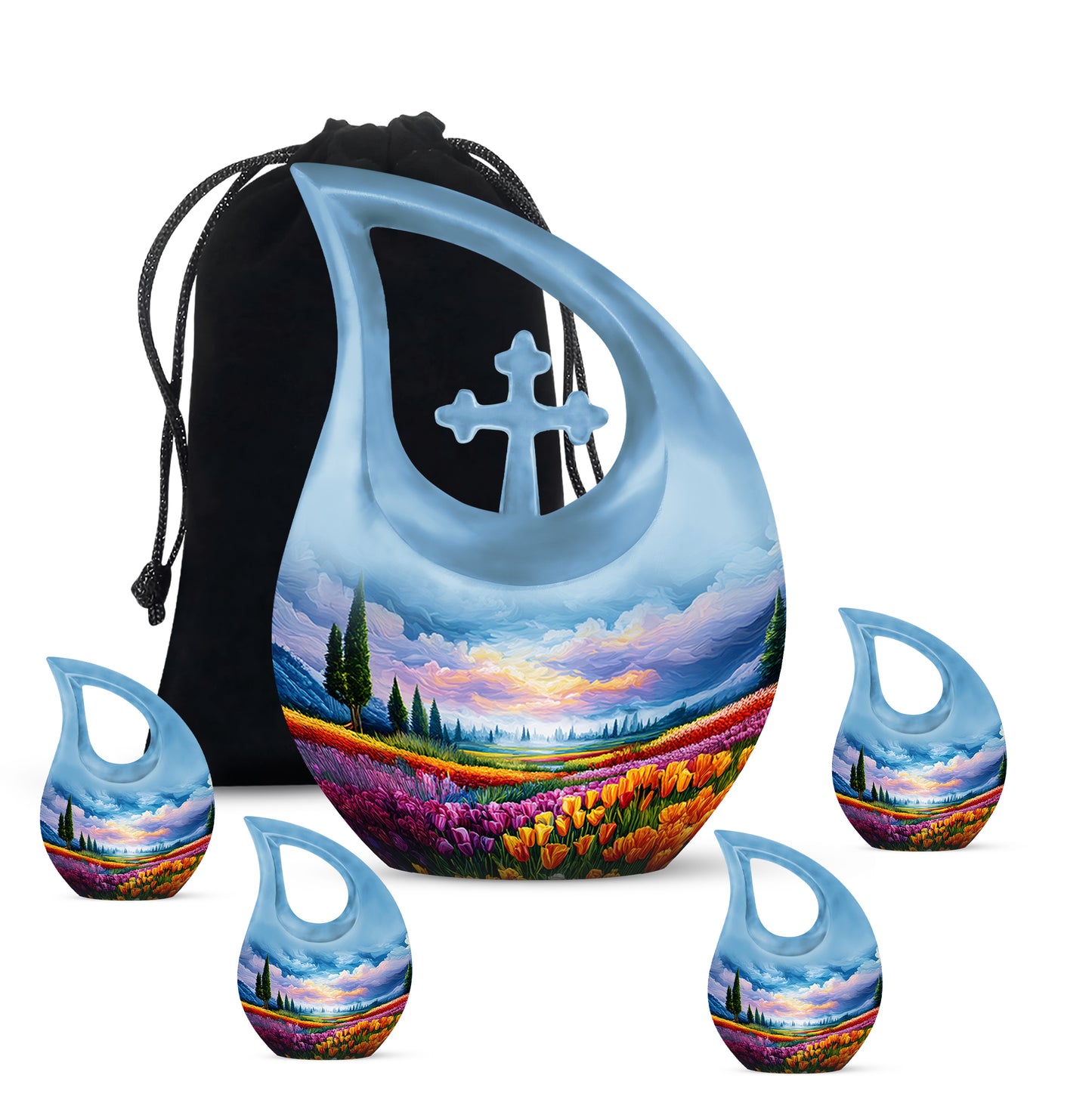 Powder Blue Garden Tulip Cremation Urn urn with complimentary velvet bag - sacred cross merged with garden tulip motif on metal - memorial set with one large and four small urns