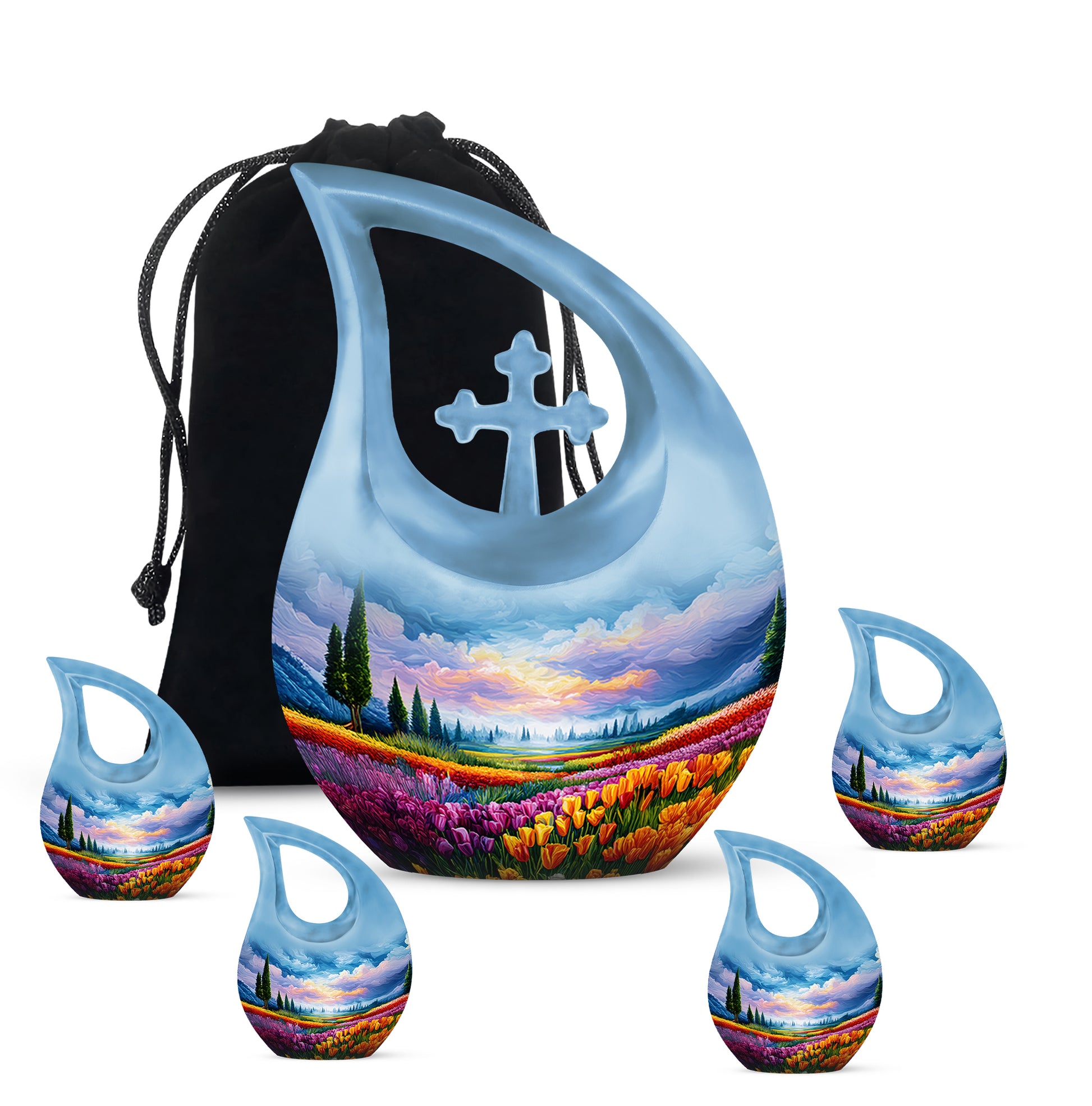 Powder Blue Garden Tulip Cremation Urn urn with complimentary velvet bag - sacred cross merged with garden tulip motif on metal - memorial set with one large and four small urns