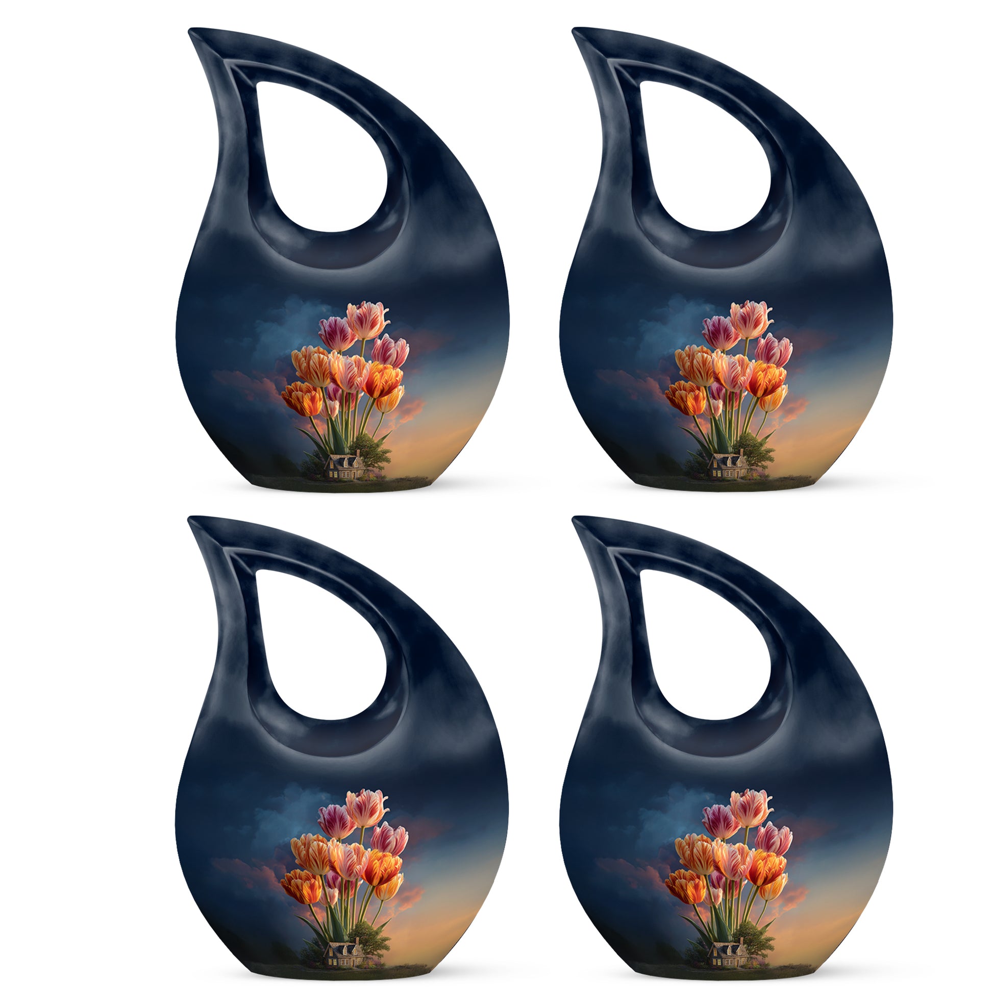Indigo Garden Tulip Cremation Urn lifestyle display on memorial shelf - sacred cross merged with garden tulip motif on metal - 10 inch aluminum urn for cremated remains