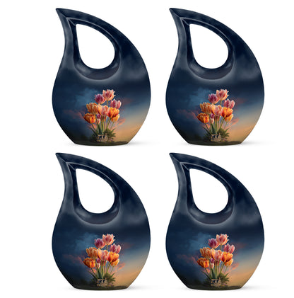 Indigo Garden Tulip Cremation Urn lifestyle display on memorial shelf - sacred cross merged with garden tulip motif on metal - 10 inch aluminum urn for cremated remains