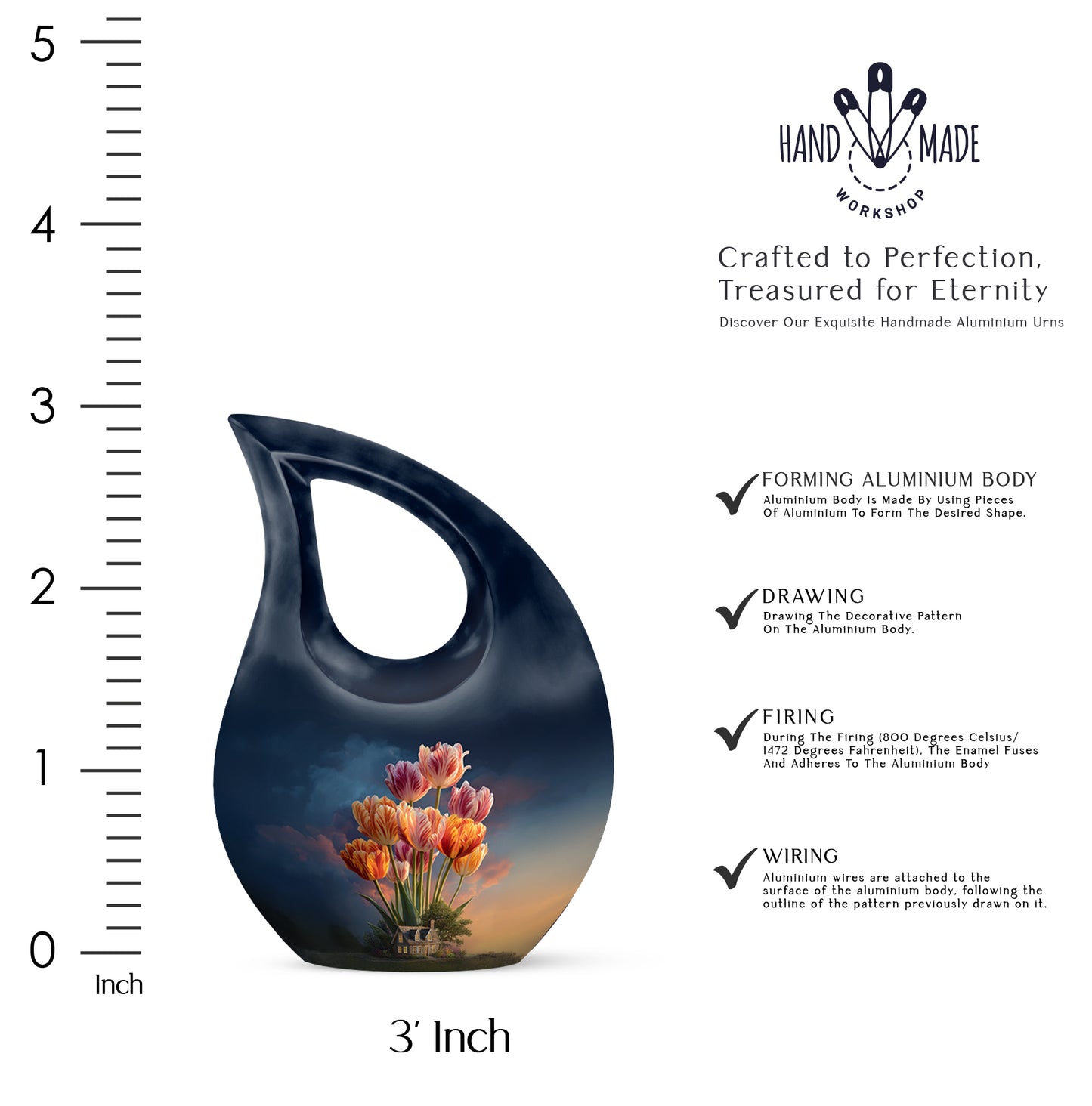 Vivid Blue Garden Tulip Cremation Urn back view with polished surface - faith-inspired cross-drop urn with garden tulip pattern - mini keepsake memorial for portion of cremation ashes