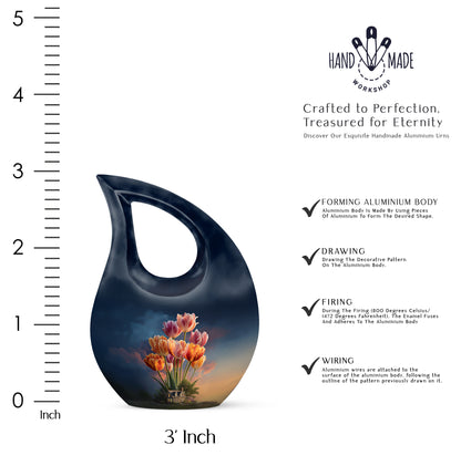 Vivid Blue Garden Tulip Cremation Urn back view with polished surface - faith-inspired cross-drop urn with garden tulip pattern - mini keepsake memorial for portion of cremation ashes