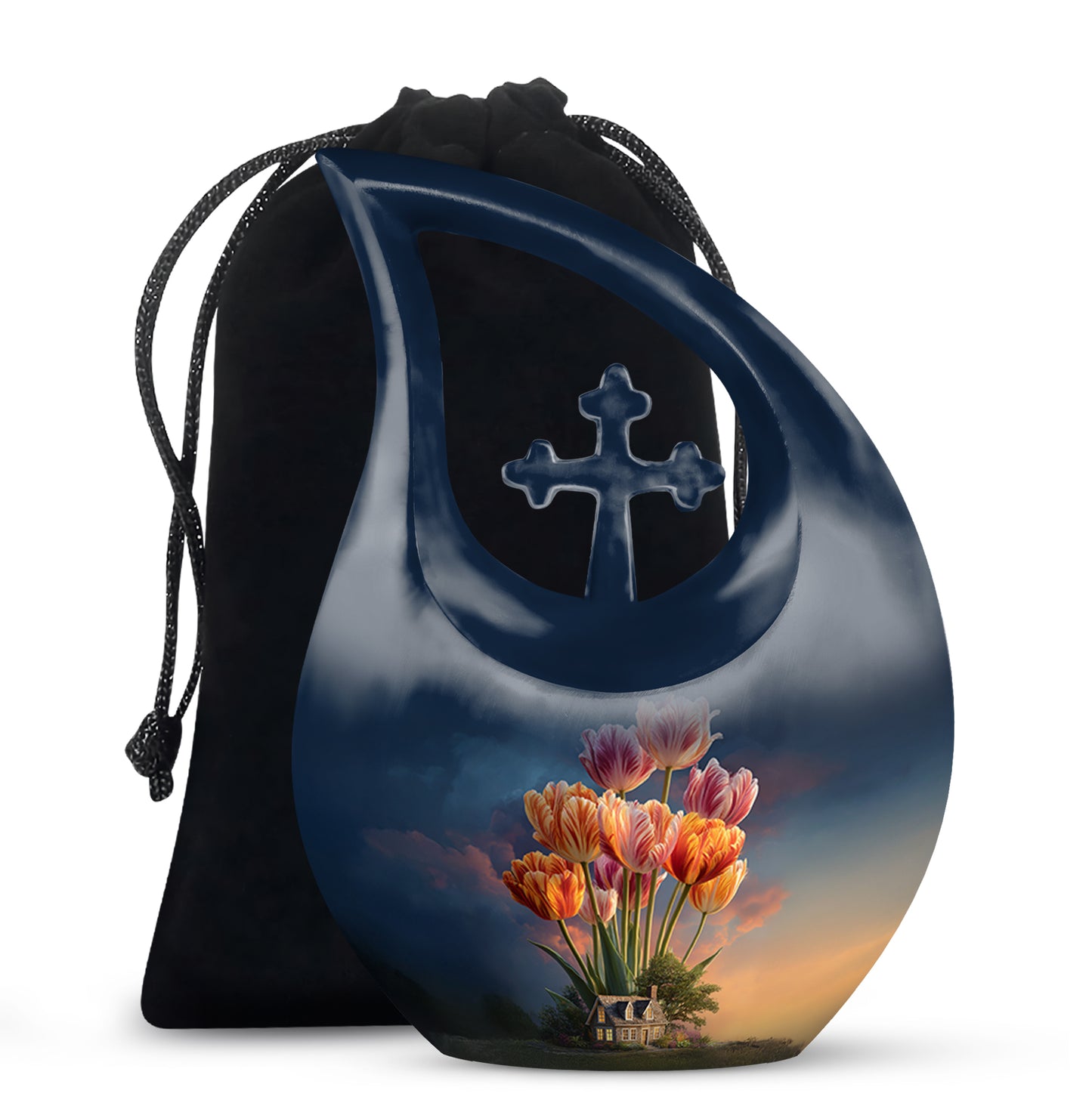 Serene Blue Garden Tulip Cremation Urn top-down view of secure threaded lid - devotional cross-drop garden tulip engraving - full-size 10 inch 200 cubic inch adult cremation urn