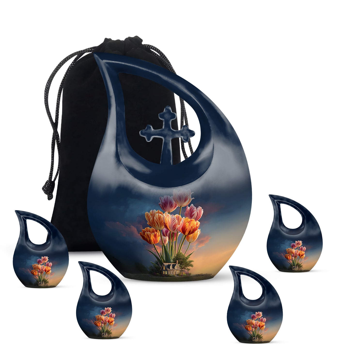 Sky Blue Garden Tulip Cremation Urn urn with complimentary velvet bag - sacred cross merged with garden tulip motif on metal - memorial set with one large and four small urns
