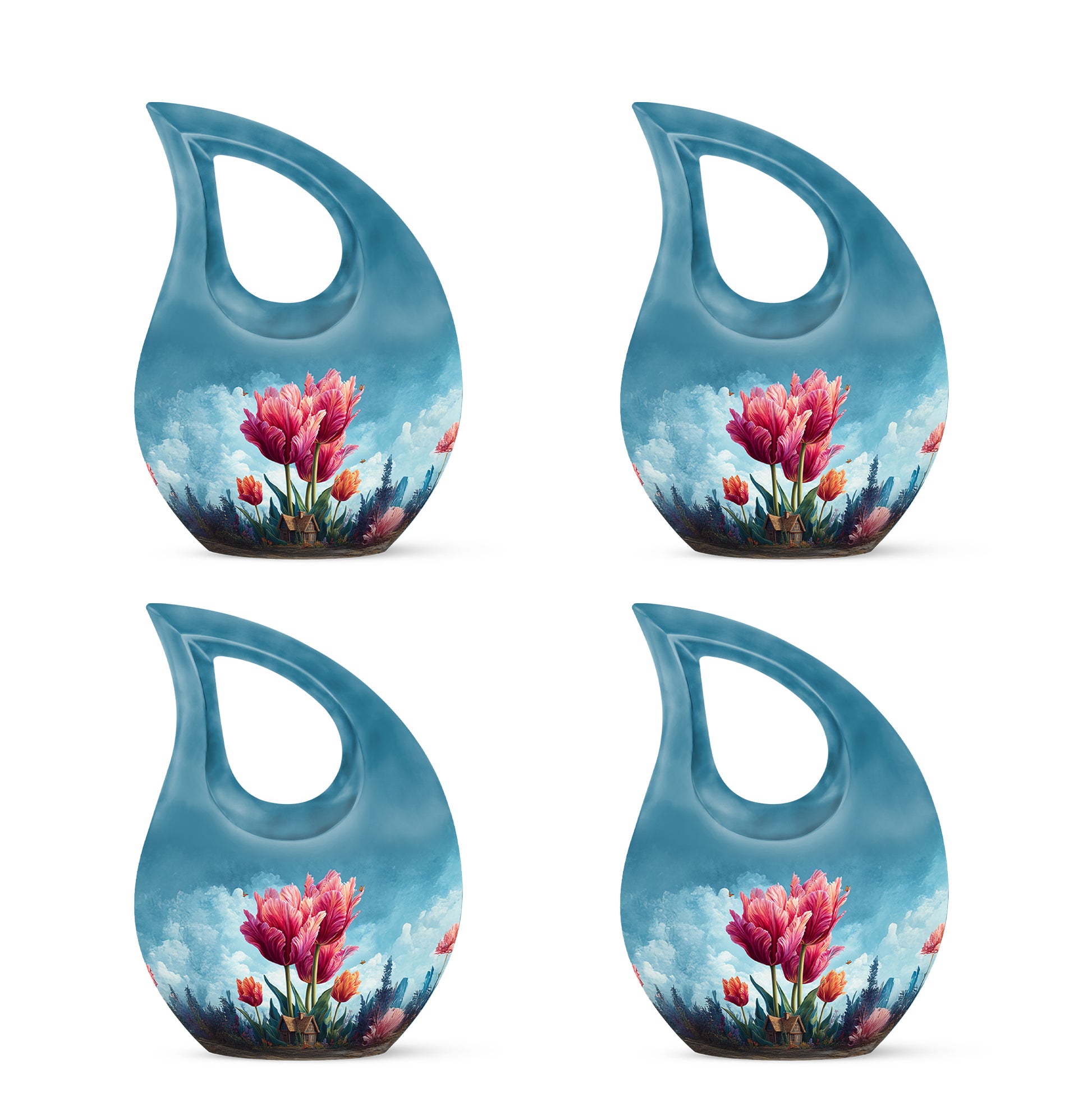 Twilight Blue Garden Tulip Cremation Urn lifestyle display on memorial shelf - faith-inspired cross-drop urn with garden tulip pattern - 10 inch aluminum urn for cremated remains