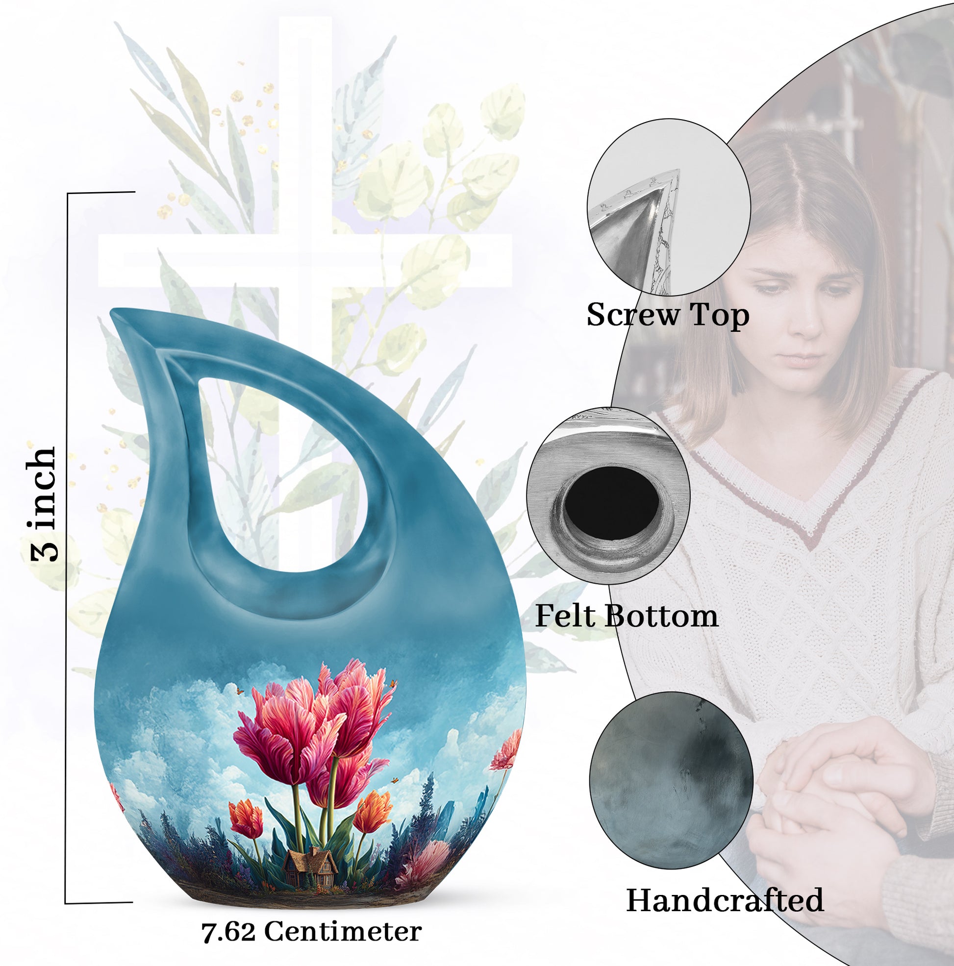 Sky Blue Garden Tulip Cremation Urn back view with polished surface - cross and garden tulip combined in spiritual memorial design - mini keepsake memorial for portion of cremation ashes