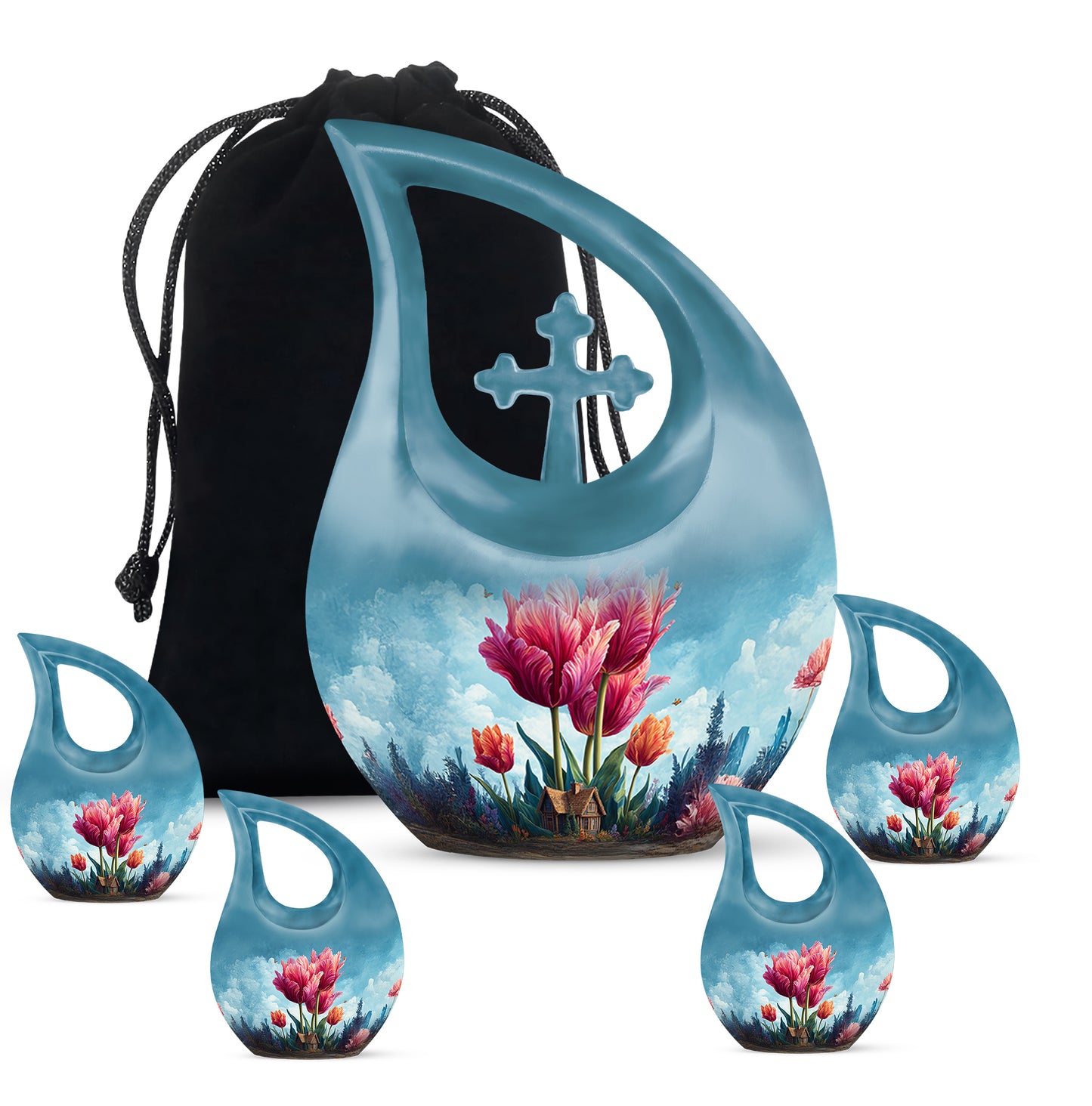 Soft Blue Garden Tulip Cremation Urn urn with complimentary velvet bag - faith-inspired cross-drop urn with garden tulip pattern - memorial set with one large and four small urns