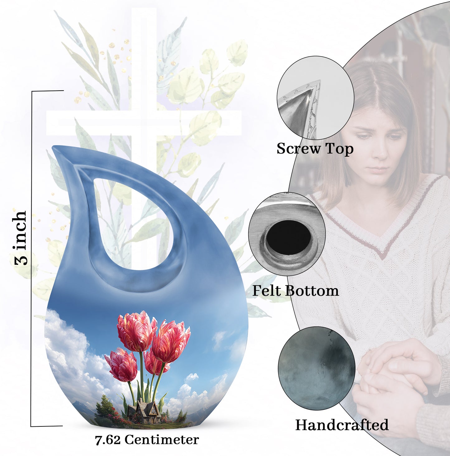 Sky Blue Garden Tulip Cremation Urn back view with polished surface - cross and garden tulip combined in spiritual memorial design - mini keepsake memorial for portion of cremation ashes