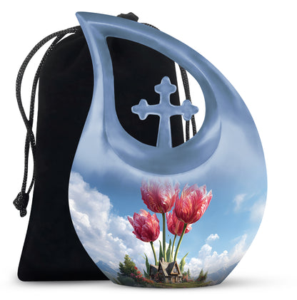 Serene Blue Garden Tulip Cremation Urn top-down view of secure threaded lid - devotional cross-drop garden tulip engraving - full-size 10 inch 200 cubic inch adult cremation urn