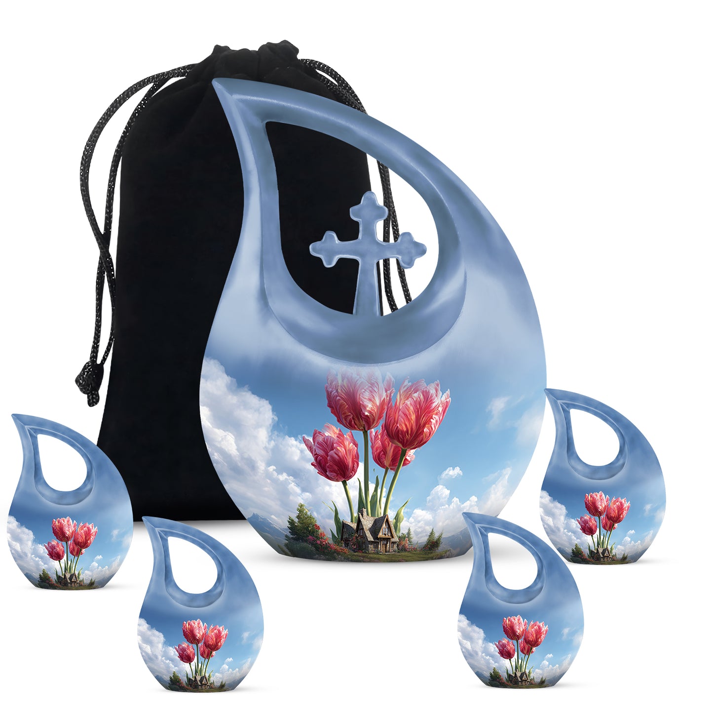 Steel Blue Garden Tulip Cremation Urn urn with complimentary velvet bag - devotional cross-drop garden tulip engraving - memorial set with one large and four small urns