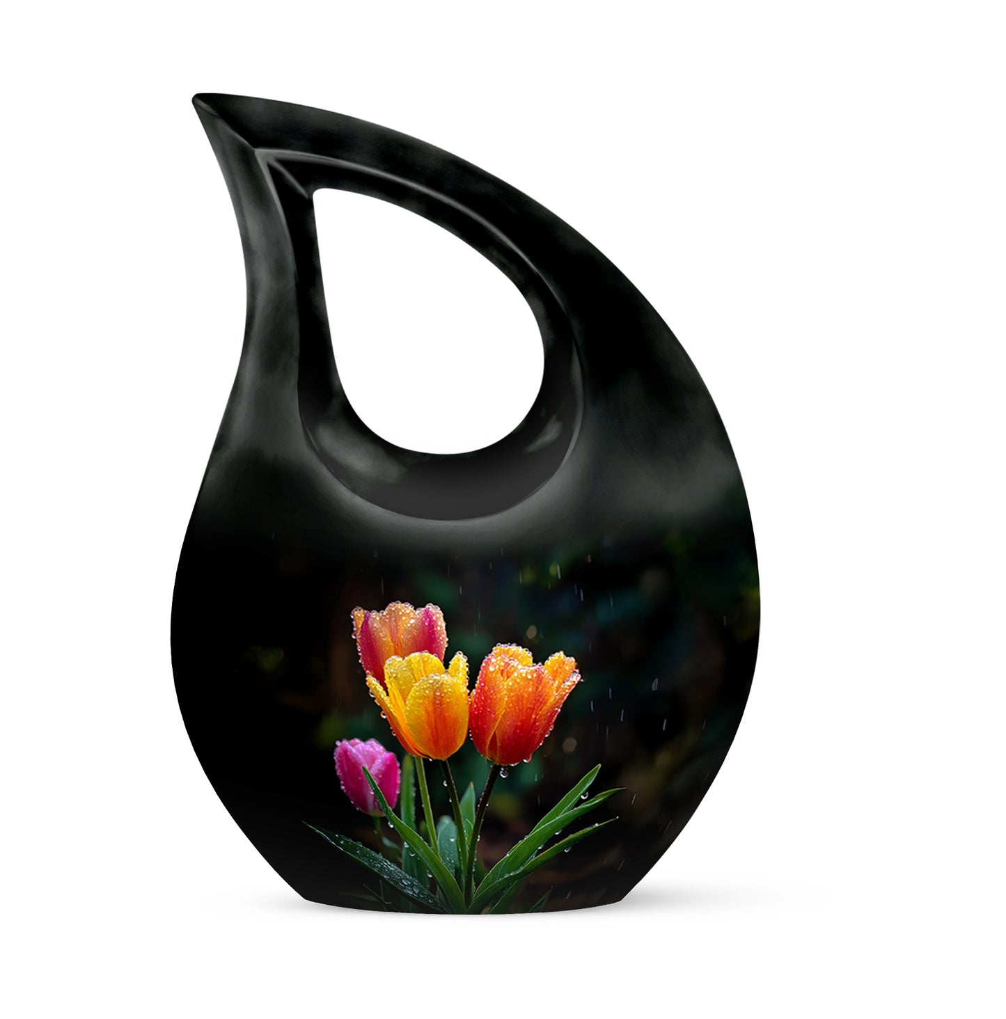 Luminous Black Garden Tulip Solace Urn for Human Ashes - 10-inch, 200 cu in - Yatskia